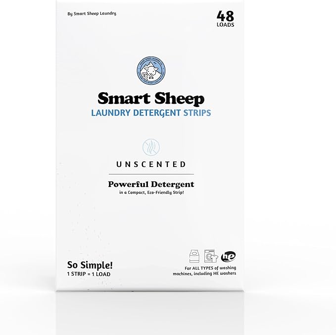 Smart Sheep - Laundry Strips - Laundry Detergent Strips - Detergent Strips for Sensitive Skin - Convenient Eco Friendly & Plastic Free - Perfect for Travel & Camping (48 Count (Pack of 1), Unscented)