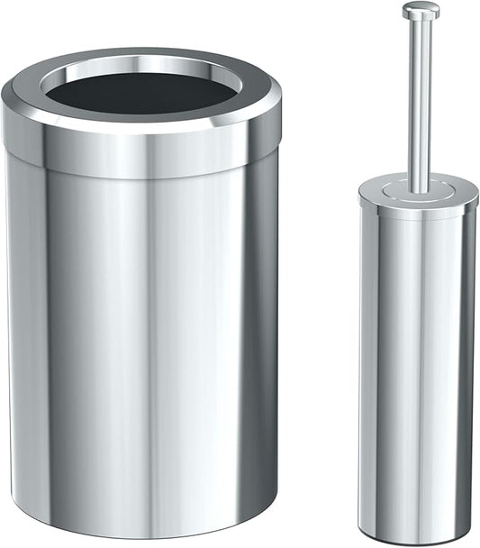 Gatco Modern Round Waste Basket and Toilet Brush Set, Chrome - Stainless Steel Trash Can with Removable Lid, Leakproof, 3 Gallon Capacity for Bathroom, Bedroom, Kitchen, or Office