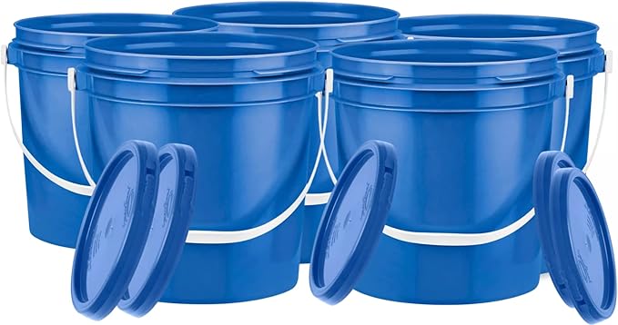 House Naturals 1 Gallon Plastic Bucket Container with Lid Blue Color Food Grade BPA Free Made in USA (Pack of 5 Buckets)