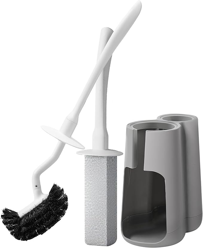 LZLOOK Toilet Brush and Holder Set with Pumice Stone – Long Handle Toilet Bowl Brush, Anti-Splash Scrubber, Ventilated Drip-Free Base, Deep Cleaner for Hard Water Stains, Limescale, Toilet Rings, Grey