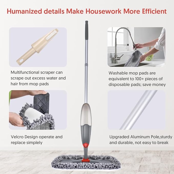 Microfibre Spray Floor Mops for Floor Cleaning, Domi-Patrol Cleaning Mops for Hardwood Laminate Tiles Floors, Dry Wet Mop Dust Mops with 3 Mop Heads Replacement Pads & 635 ML Bottle