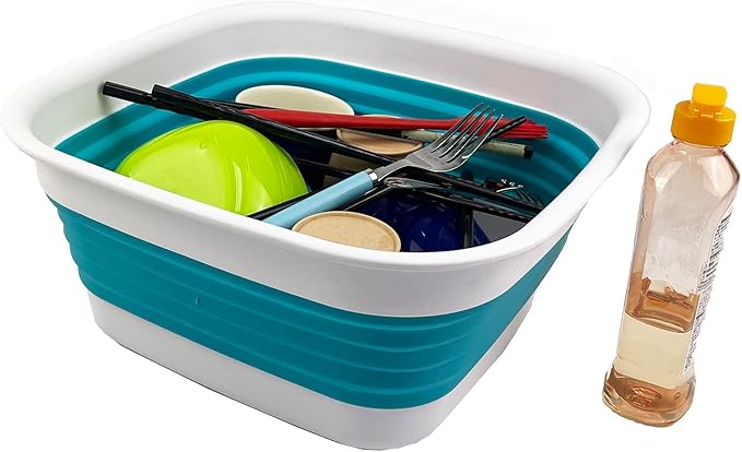 SAMMART 8L (2.1 Gallon) Collapsible Tub - Foldable Dish Tub - Portable Washing Basin - Space Saving Plastic Washtub (White/Ceramic Blue)