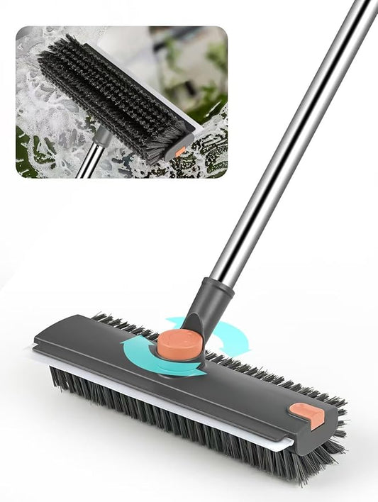 Floor Scrub Brush with Long Handle,3 in 1 Multi-Angle Heavy Duty Stiff Bristle Scrubber with Squeegee and Tweezer,Shower Brush for Cleaning Shower Bathroom,Patio,Garage, Kitchen,Deck and Wall