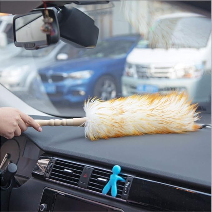 Lambswool Duster with Solid Wooden Handle,Leather Hang Strap,18.9 inch Long,Natural Feather Duster for Cleaning Ceiling Fans,Window Blinds,Computer Screens,Bookshelves etc