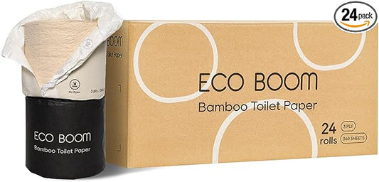 ECO BOOM Toilet Paper 100% Bamboo 3-fly, Tree Free & Chemical Free Packaging, 24 mega Rolls, 360 Sheets｜PFAS Free, BPA Free, Septic Safe & FSC Certified
