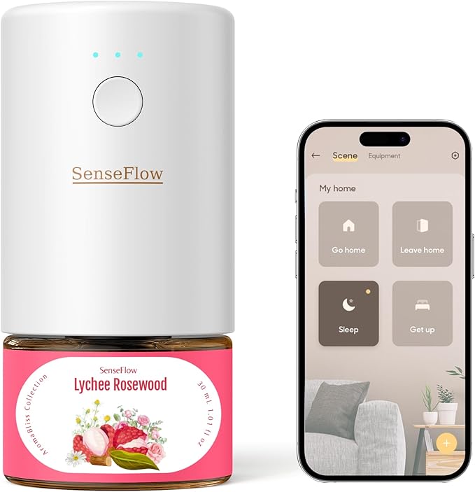 SF101S Smart Wi-Fi Waterless Ultrasonic Essential Oil Diffuser–100% Plant-Based,120-Day Natural Air Freshener & Aromatherapy scent Diffuser Covers 100㎡ for Home,Hotel-Lychee Rosewood