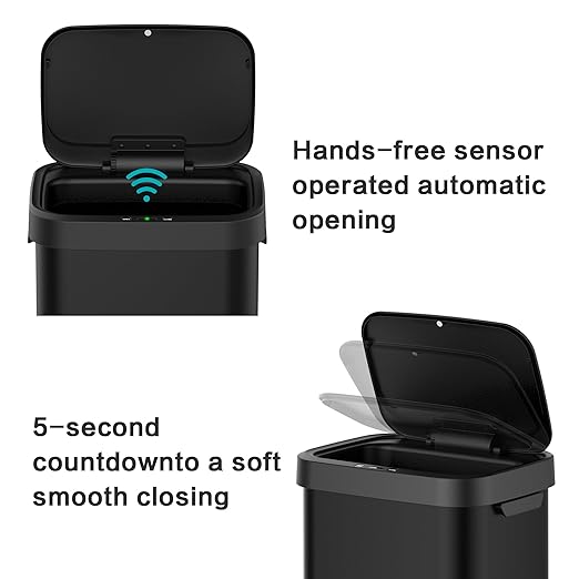 10.5 Gallon Stainless Steel Touchless Sensor Trash Can with, Wide Rectangular Design, Brushed Finish – Automatic Lid for Home, Office, Kitchen, Bathroom, and Commercial Use (Black)