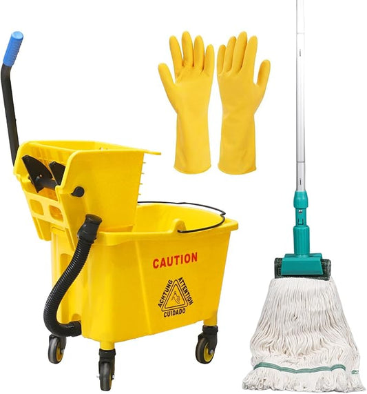 Wajeehaa Side Press Wringer Combo Commercial Mop Bucket on Wheels, 35 Quart,Yellow, Including Commercial Mop and Rubber Gloves