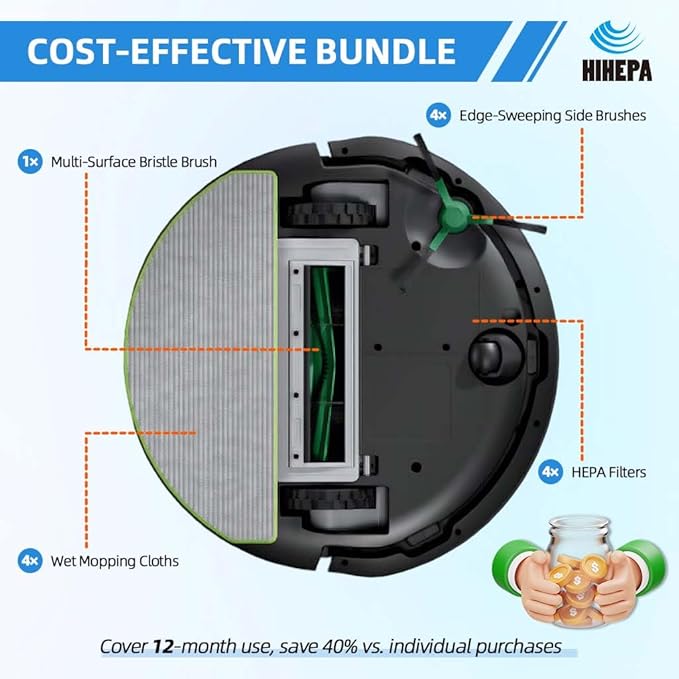Y0140 Robot Vacuum Part Replacement: for iRobot Roomba 104 105 Y0140 Q0120 Y0110 Q011 Q0520 Vac/Combo Models - 1 Main Brush, 4 Side Brushes, 4 HEPA Filters,4 Mop Pads｜Pet Hair Solution