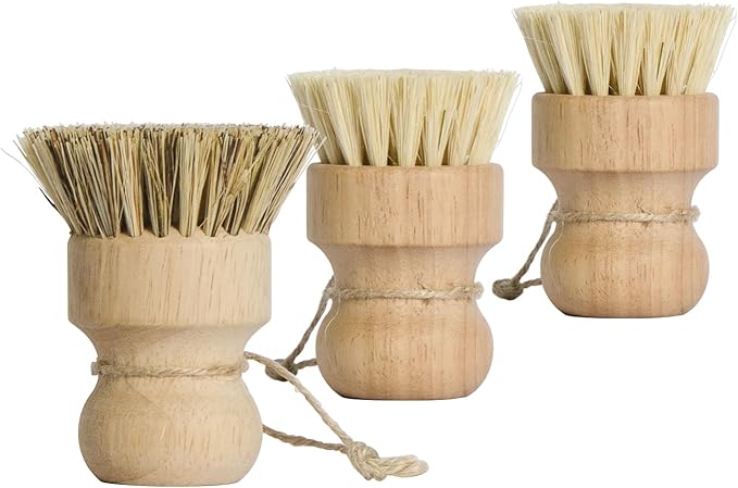 KUILONGT Pot Brush 3 Pack with Sisal and Coconut Coir, Wood Handle Scrub Brushes for Cast Iron Non-Stick Pans and Cookware