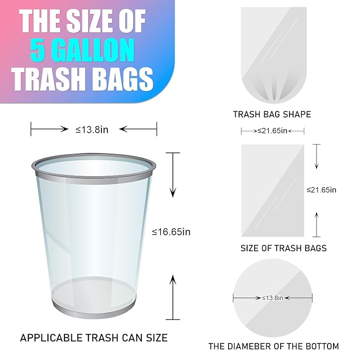 5 Gallon Trash Bags Extra Thick - 18 Liter Garbage Bags Unscented for Bathroom, Small Plastic Wastebasket Liners for Home Office Bedroom,150 Count 5 Color