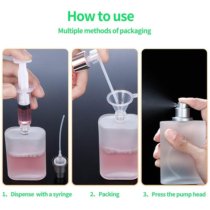 2 Pack 100ml/3.38 Oz Empty Frosted Glass Spray Bottle Perfume Atomizer, Refillable Fine Mist Spray Empty Perfume Bottles with 4 kinds of perfume dispenser (2 Pack 100ml/3.38 Oz Frosted Bottles)