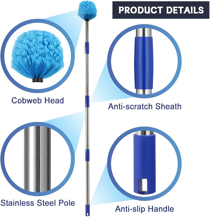 Extended Reach Cobweb Duster with 8-Foot Pole - Medium Bristle Brush for Ceiling, Wall, and Indoor/Outdoor Cleaning, Lightweight Stainless Steel (8 FT)
