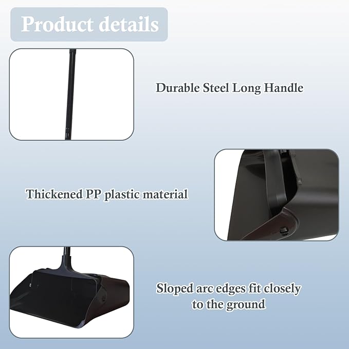 Primero Basics 3-Pack Commercial Upright Dust Pan with Long Handle and Wheels – Heavy Duty Large Dust Pans for Indoor/Outdoor Use, Janitorial or House Cleaning Tools, Black Standing Dustpan