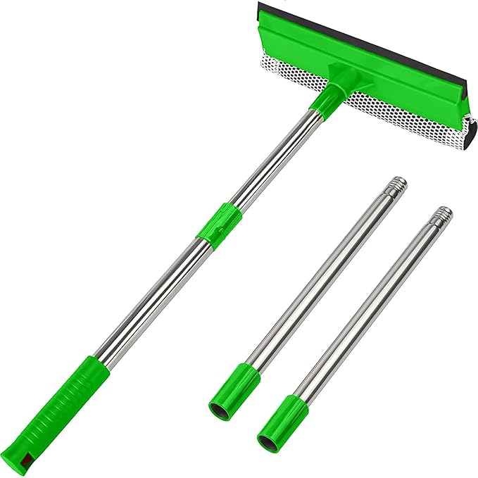 Bryquelin 2-in-1 Window Squeegee with 30"-59" Stainless Steel Adjustable Handle - Glass Cleaner for Shower Doors, Car Windshield & High Outdoor Windows