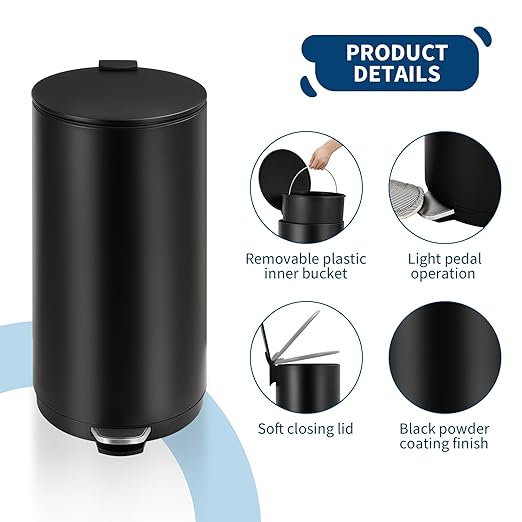 Garvee 8 Gallon Round Trash Can, 30L Modern Garbage Can with Soft Close Lid and Foot Pedal, Removable Inner Bucket for Living Room, Office, Bathroom, Kitchen, Black