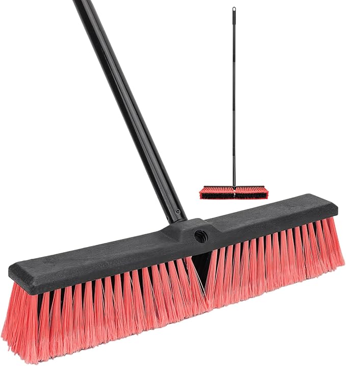 18 Inches Push Broom Outdoor- Heavy Duty Commercial Broom with 64.5" Long Handle and Stiff Bristles for Patio Garage Deck Concrete Wood Stone Tile Driveway Yard Warehouse Shop Floor Cleaning
