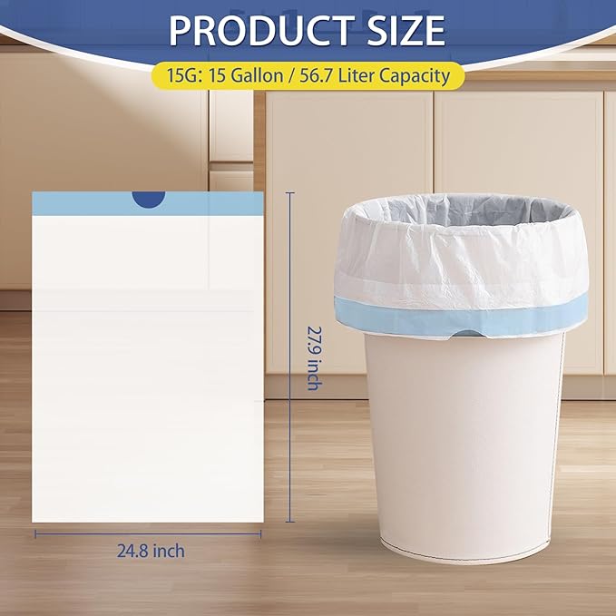 15 Gallon Trash Bags with Drawstring - 120 Count Heavy Duty 1.25 Mil Garbage Bags 56 Liter Tall Kitchen Bin Liners Unscented White for Home Yard Lawn