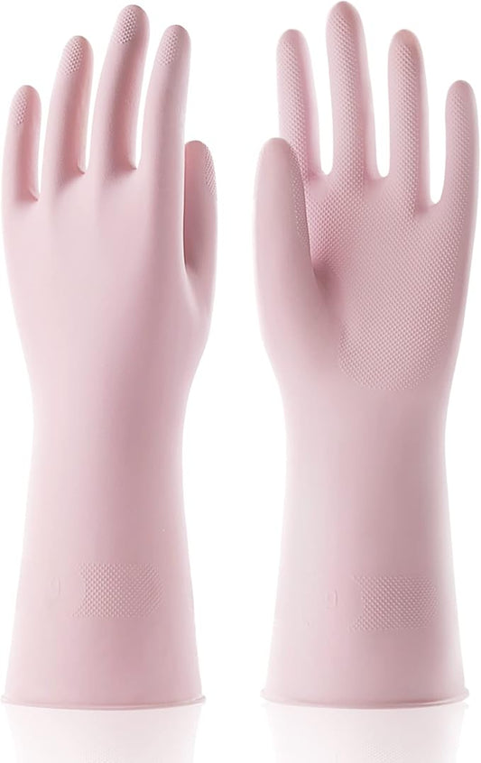 COOLJOB Small Household Rubber Gloves with Cotton Liner & Non-slip Grip, Waterproof Long Lasting Dishwashing Gloves for Kitchen & Bathroom Cleaning, Light Pink, 1 Pair