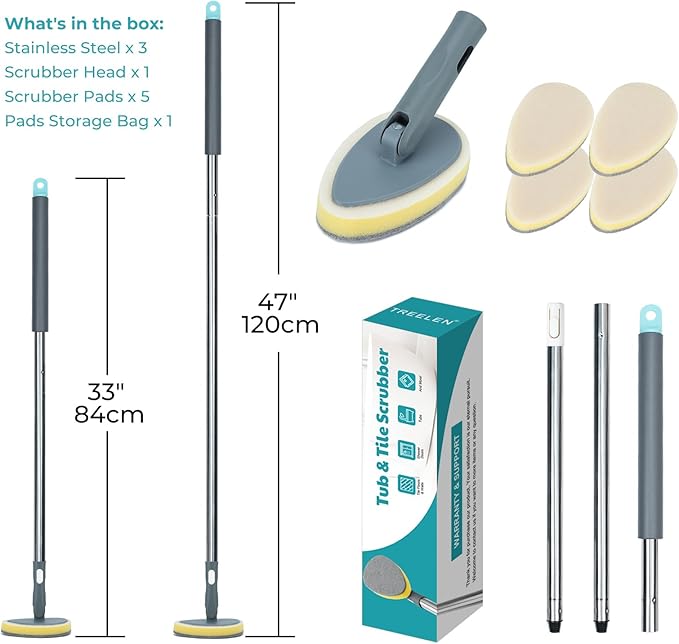 TreeLen Long Handle Shower Bathtub Tub Scrubber with 180° Head & 5 Replaceable Heads -49" Bathroom Cleaning Brush for Bathtub, Tiles, Glass (Non-Scratch Scouring Pads Included)