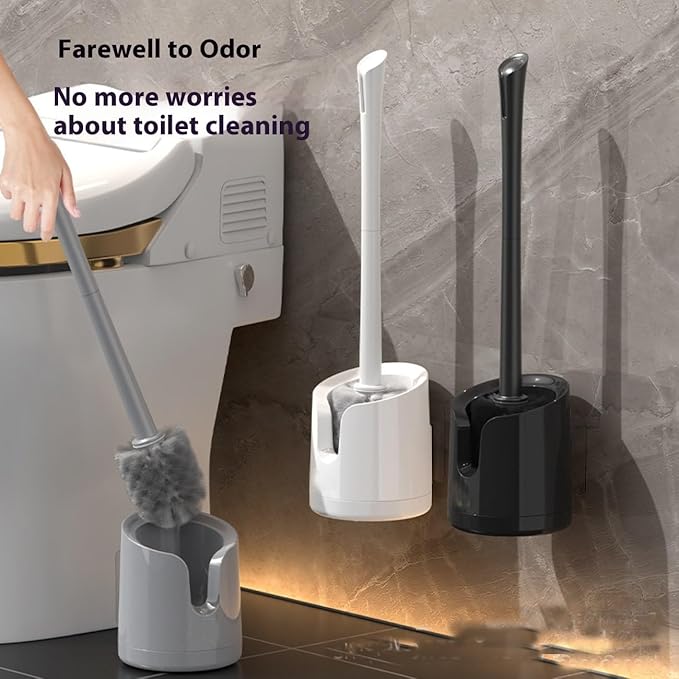 Wall Mounted Toilet Brush Set with No-Drill Adhesive & Drip-Free Tray Space-Saving Toilet Cleaning Brush Holder Deep CleansNoMessStorageSlides Under Sinks (Black)