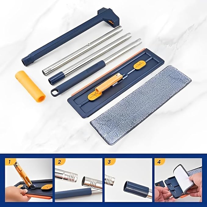 Large Flat Mop, Saker Plus Self Wringing Mop 360° Rotating Flat Mops with Washable Microfiber Pads, Independent Drainage Scraper Floor Cleaning System (Blue, 6 Microfiber Pads)