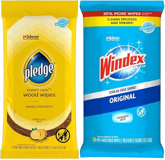 Pledge Expert Care Wood Wipes & Windex Glass Cleaning Wipes Bundle, 24ct Lemon Scent Wood Wipes & 38ct Original Glass Wipes for Surface Cleaning