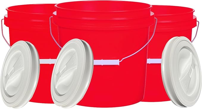 House Naturals 2 Gallon Red Bucket with White Screw on Lid - BPA Free- Food Grade (Pack of 3) Made in USA containers