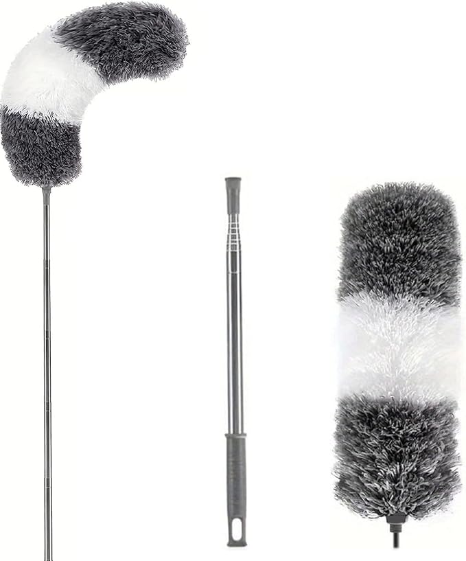 TopHomer Fiber Feather Duster with Stainless Steel Extendable Pole, Ceiling Fan Cleaner for Cobwebs High Ceiling Fan, Interior Roof, Wet & Dry Use (Model E)