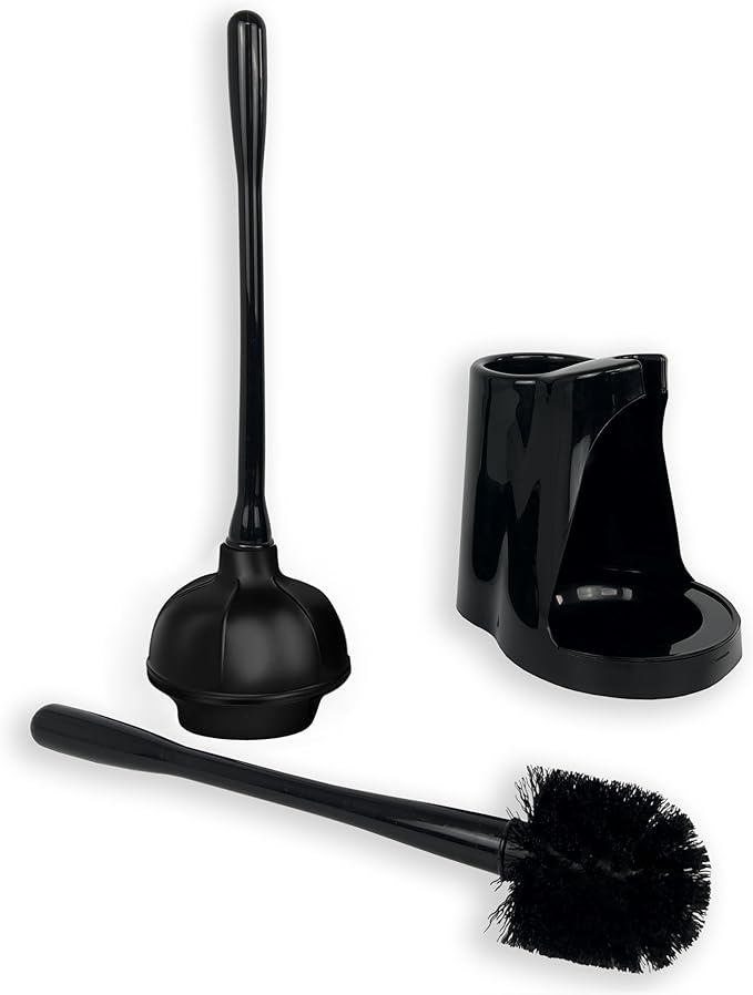 2 in 1 Toilet Brush and Plunger Set - Toilet Brush with Solid Handle, Stand and Holder for Deeply Cleaning in Bathrooms - Plastic Toilet Brush and Holder Set in Black