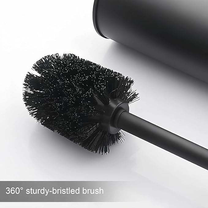 Toilet Brush and Holder Set KWQKEM Stainless Steel Toilet Bowl Cleaners Brush and Holder Free Standing with Lid Bathroom Accessories Brush Head Replaceable Stylish Modern Design (Matte Black)