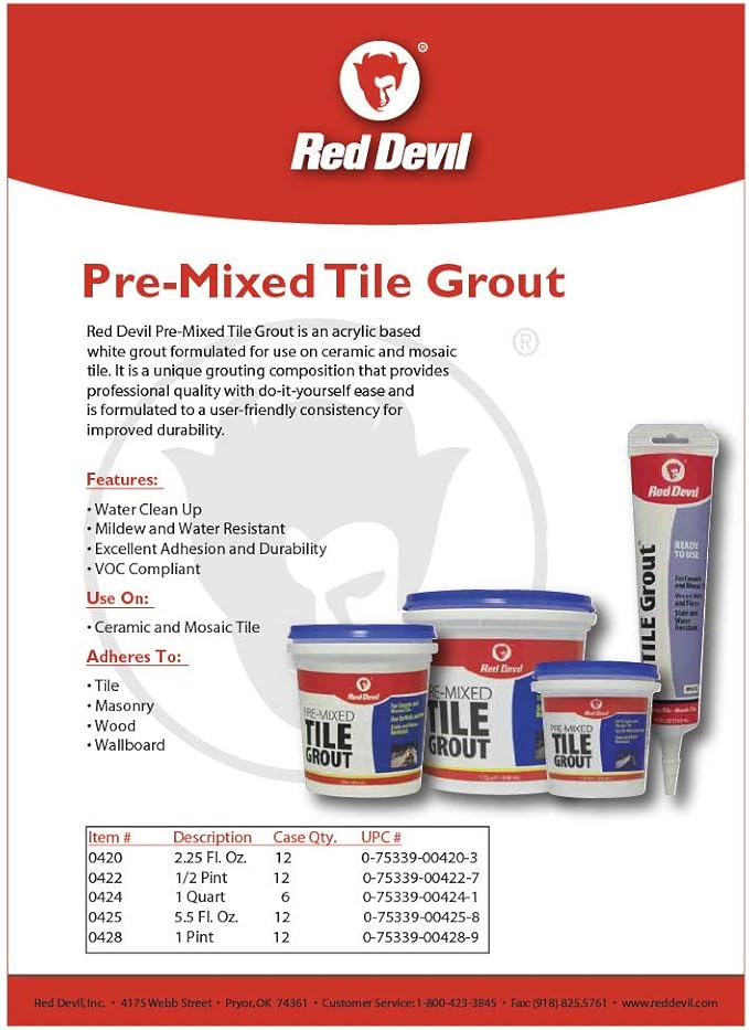 Red Devil 0428 Pre-Mixed Tile Grout - Professional Quality, Excellent Adhesion, Ideal for Wall & Floor Use - 1 Pint, White, Pack of 12, Made in USA