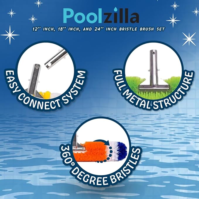 Poolzilla Pool Brush [3 Pack] - 360 Degree Bristles, with 12 Inch, 18 Inch, and 24 Inch for Outdoor and Indoor Swimming Pools, Spas, & Hot Tubs
