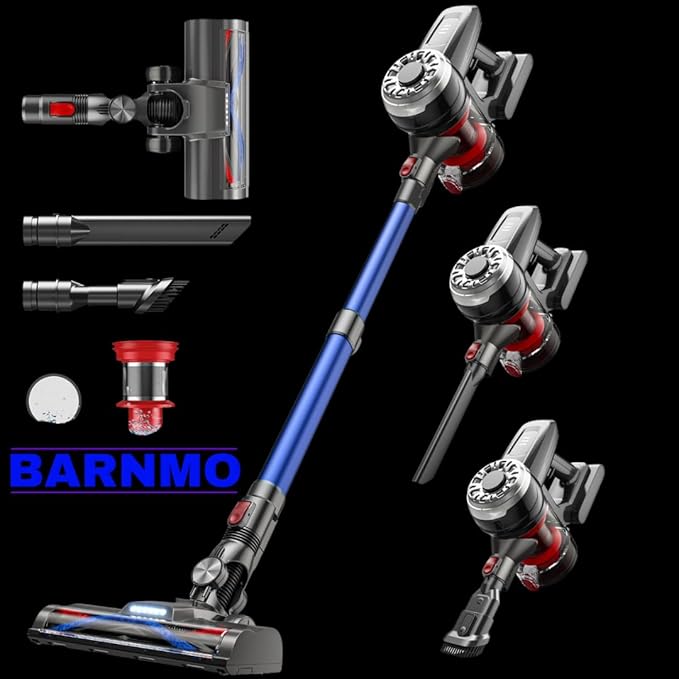 BARNMO Cordless Stick Vacuum, Blue, 45 Min Runtime, LED Headlights, 2-Speed, Telescopic Tube with Main Vacuum Brush, Crevice Tool, dust Brush, Removable-Rechargeable Battery Pack with Charging Cord