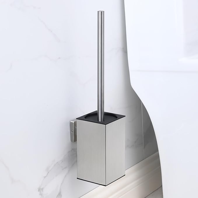 LSWYYP Toilet Bowl Brush and Holder Square,Stainless Steel Square Wall Mounted Toilet Bowl Brush with Lid,Cleaning Toilet Brush Set for Bathroom, Brushed Silver