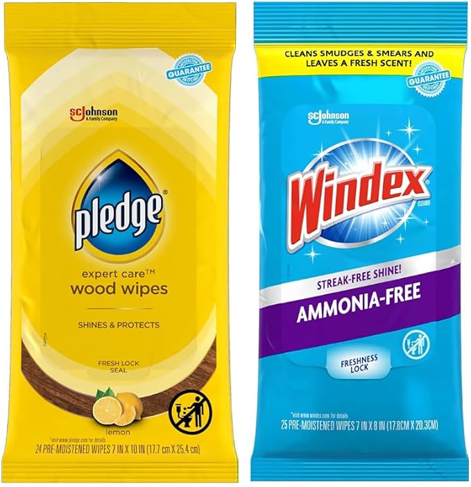 Pledge Expert Care Wood Wipes & Windex Ammonia-Free Glass Cleaning Wipes Bundle, 24ct Lemon Scent Wood Wipes & 25ct Ammonia-Free Glass Wipes for Surface Cleaning