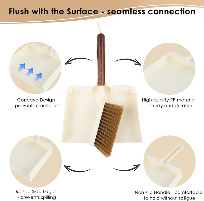 QUIVIX Hand Broom and Dustpan Set,Portable Small Dustpan and Brush Set with Sapele Wood Handle,Teeth Design,Compact Hangable Broom with Dustpan for Cleaning Desktops Kitchen Sofa Pet Hair,Beige