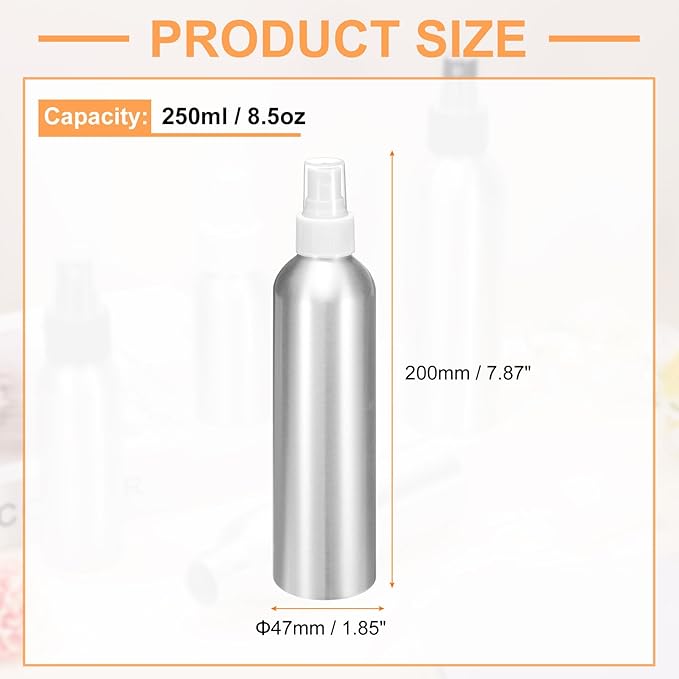 HARFINGTON Aluminum Fine Mist Spray Bottles 250ml/8.5oz Metal Small Liquid Alcohol Refillable Travel Container with White Plastic Nozzle Cap for Perfume Skincare Cosmetic Storage Bottle
