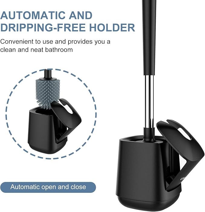 SetSail Silicone Toilet Bowl Brush and Automatic Holder Toilet Brush for Bathroom with Holder Ventilated Toilet Cleaner Brush for Toilet Scrubber Cleaning, Black