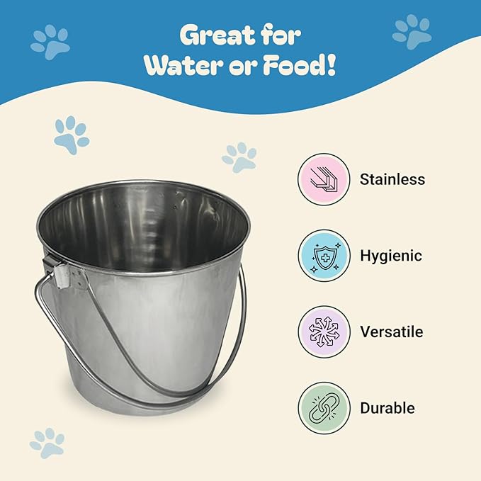 Heavy Stainless Steel Round Bucket, 4 Quart | Durable Food & Water Pail for Dogs, Cats, Kennels, Cages and Critter Crates | Multi-Purpose Bucket