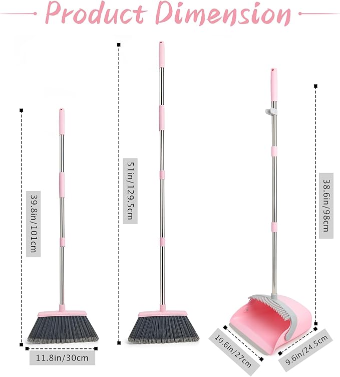 OOOFLOWER Broom and Dustpan Combo Set, Long Handle and Standing Dust Pan with Comb Teeth, Efficient Floor Cleaning for Kitchen, Outdoor, Dorm, Apartment, Office Lobby (Pink Gray)