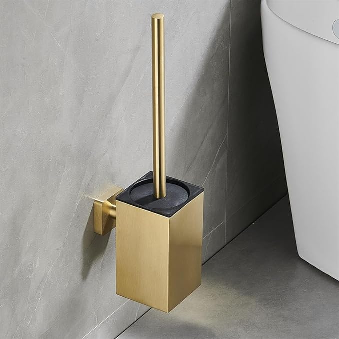 LSWYYP Toilet Bowl Brush and Holder Square,Stainless Steel Square Wall Mounted Toilet Bowl Brush with Lid,Cleaning Toilet Brush Set for Bathroom Brushed Gold