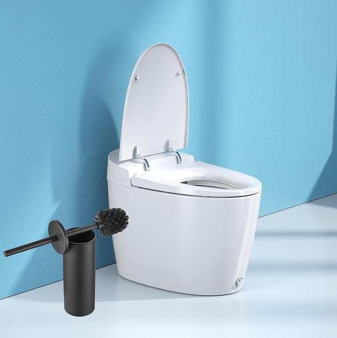 Toilet Brush and Holder Set KWQKEM Stainless Steel Toilet Bowl Cleaners Brush and Holder Free Standing with Lid Bathroom Accessories Brush Head Replaceable Stylish Modern Design (Matte Black)