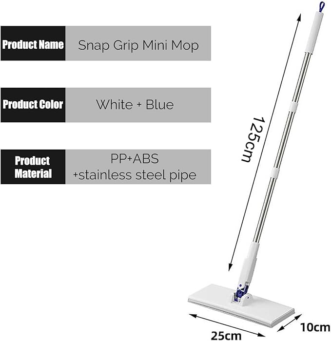 Snap Grip Mini Mop with 5 Reusable Cloths, No Wash Zero Touch Disposable Lazy Mop, Retractable Gap Dust Cleaner Flat Mops with Locking Head, Dry Wet Pads for Floor Hardwood Kitchen Wall (125×25×10cm)