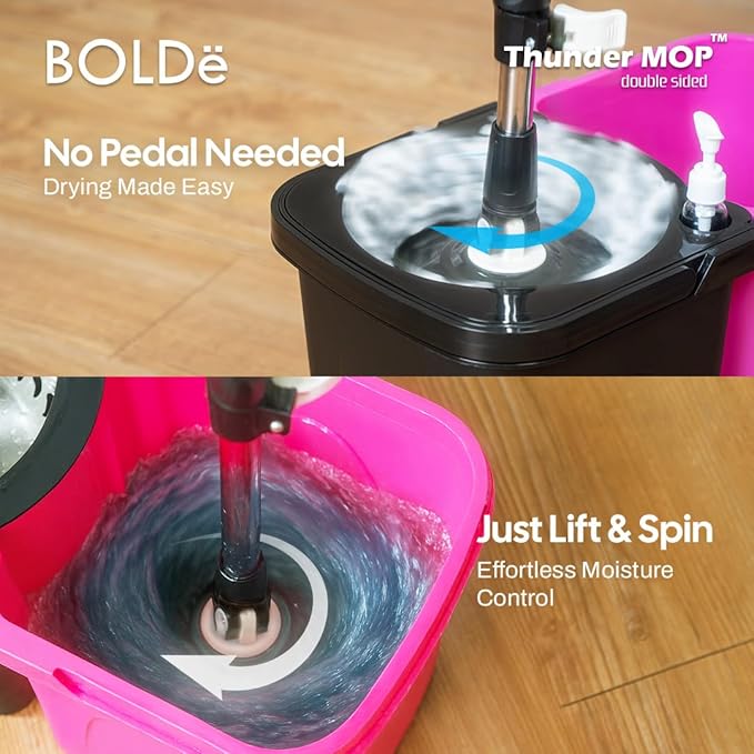 BOLDë Thunder Mop Spin System - Double-Sided - 2 Compact Stackable 6L Buckets, Microfiber Head, Stainless Steel Wringer, Antifungal Quick-Dry Cleaning, Soap Dispenser, 3 Free Refills (Black/Grey)