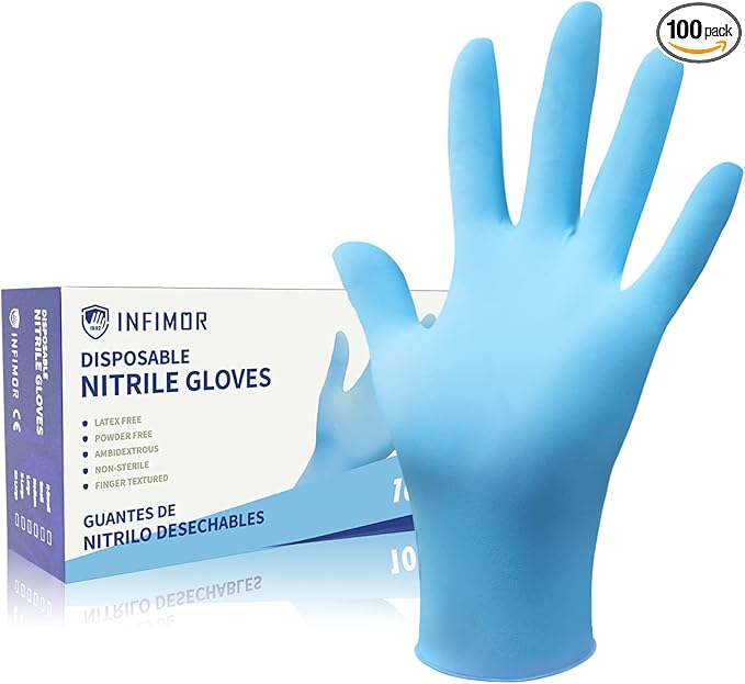 Powder-Free Nitrile Gloves, Medium Size, Box/100, 3.5g, 3 mil Light Duty Latex Free Disposable Gloves