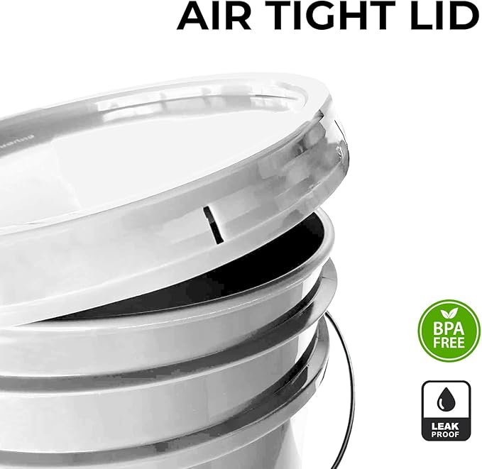 6.5-Gallon White Bucket Pail Container with Lid | Food Grade | Heavy-Duty 90MIL Extra Durable | Metal Handles with Plastic Grip for Easy Carrying | Multi-Use | Easy Stack and Store | BPA Free - 3 Pack