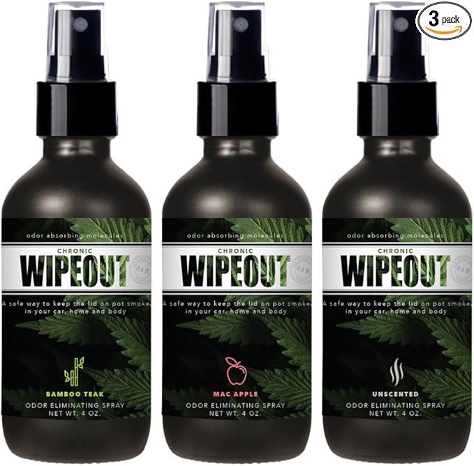 Chronic Wipeout Smoke Smell Eliminator for Home, Cars, Clothes, & More | Smoke Odor Eliminating Spray for All Kinds of Strong Smoke | Gifts for Smokers - Apple, Bamboo Teak, & Unscented 3 Pack - 4 oz