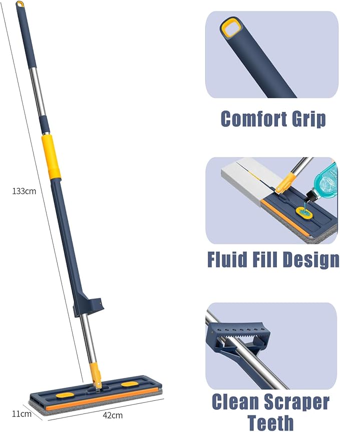 Large Flat Mop with Folding Bucket – Self-Wringing Floor Mop Set with 54" Stainless Steel Handle, 6 Reusable Microfiber Pads, 360° Swivel Head for Home Cleaning on Tile, Wood, Laminate (B-White)