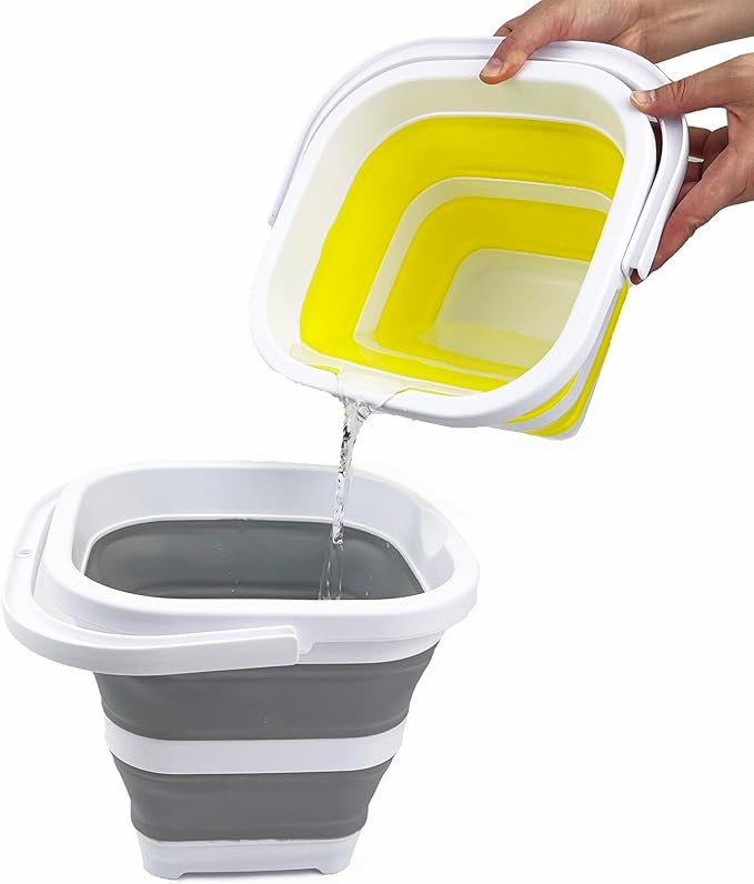 SAMMART Collapsible Rectangular Cleaning Bucket 5L (1.3 Gallon)- Foldable Camping Beach Sand Water Pot Pail- Portable Space Saving Tub for Household, Outdoor Car Washing (White/Grey (Set of 2))